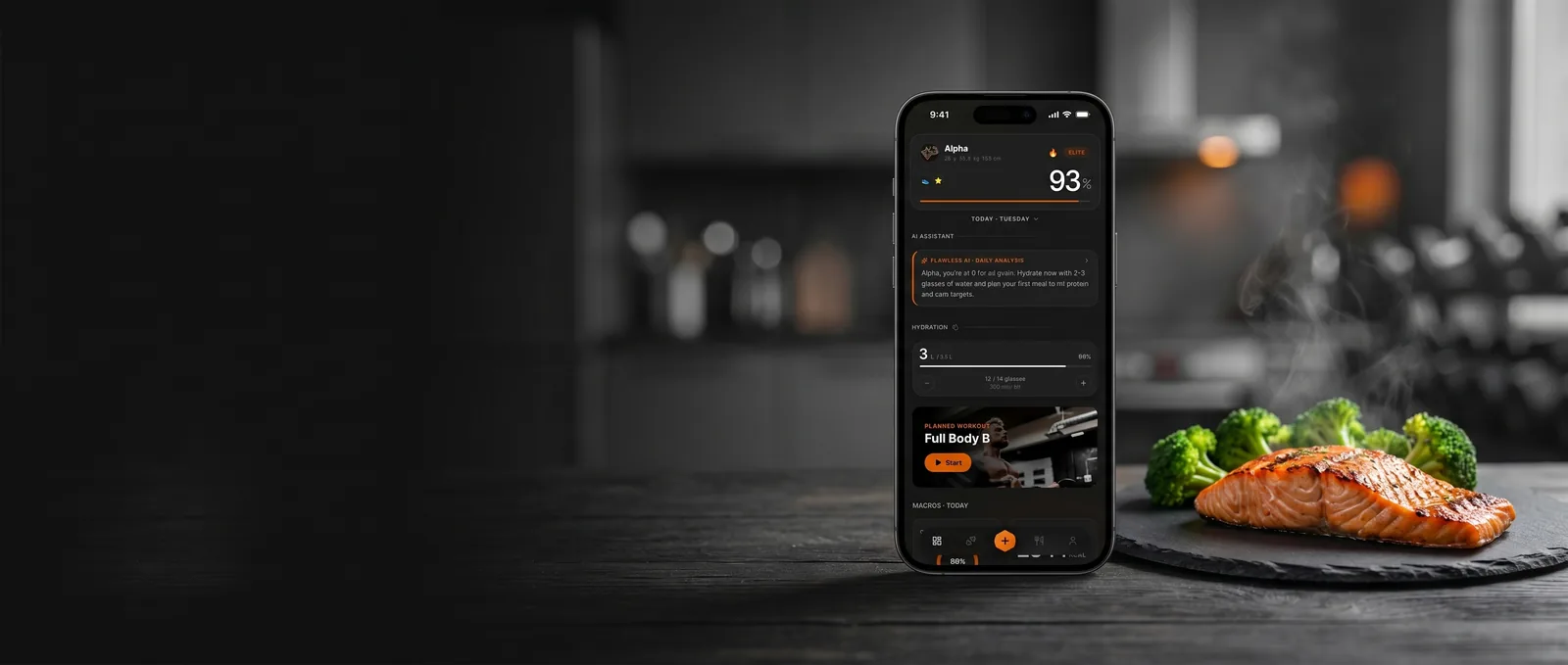 The Flawless dashboard open on a phone, next to a prepared meal