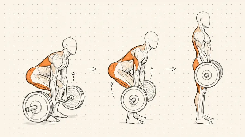 Deadlift shown in three steps, working muscles in orange
