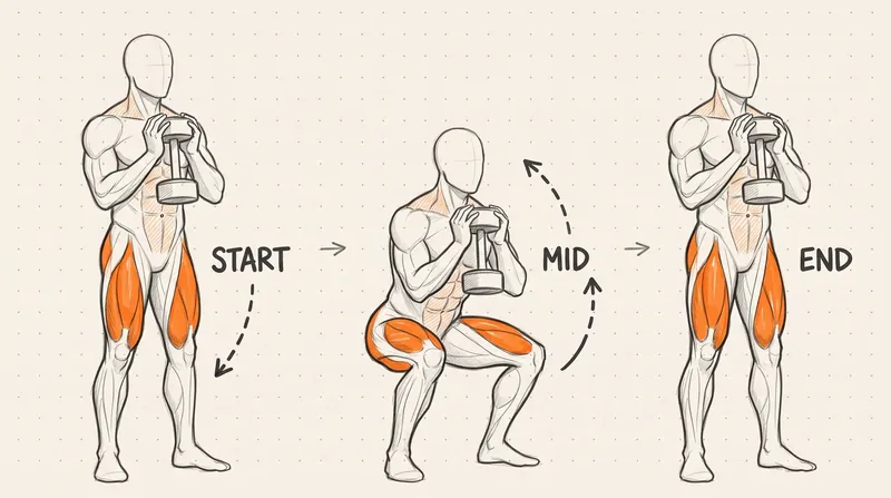 Goblet squat shown in three steps, working muscles in orange