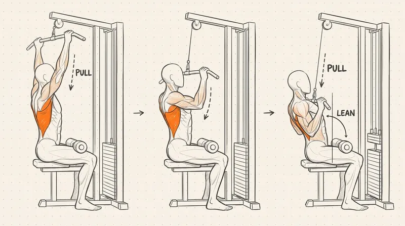 Lat pulldown shown in three steps, working muscles in orange