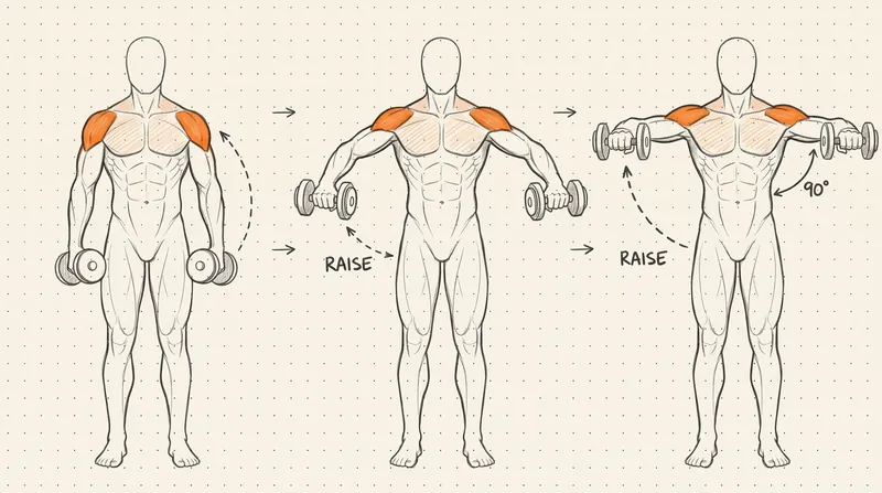 Lateral raise shown in three steps, working muscles in orange