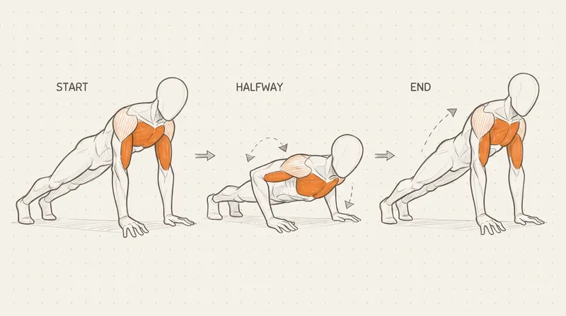 Push-up shown in three steps, working muscles in orange