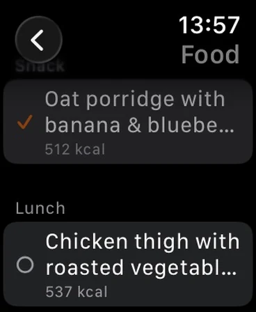 Apple Watch food screen with a planned breakfast ticked off and lunch still to eat