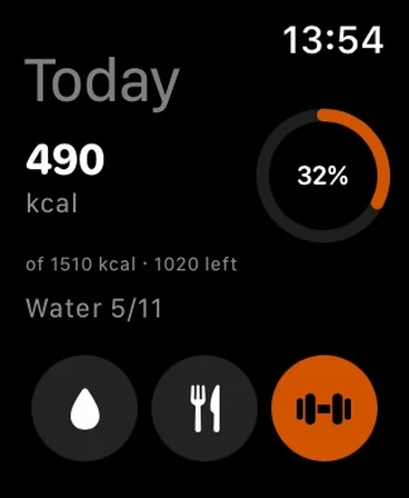 Apple Watch Today screen with 490 of 1,510 kcal, water 5 of 11 and buttons for water, meals and a workout