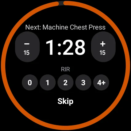 Wear OS watch showing a 1:28 rest timer with 15-second steps and reps in reserve from 0 to 4+