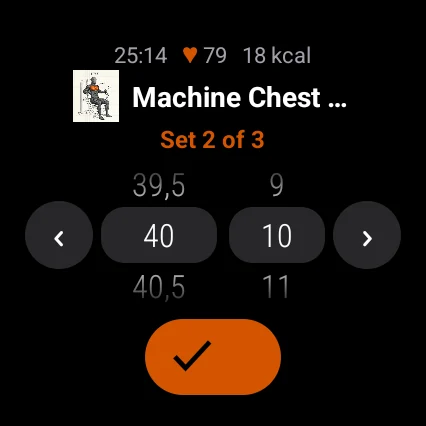 Wear OS watch logging set 2 of 3 of a machine chest press, 40 kg for 10 reps, with heart rate at the top