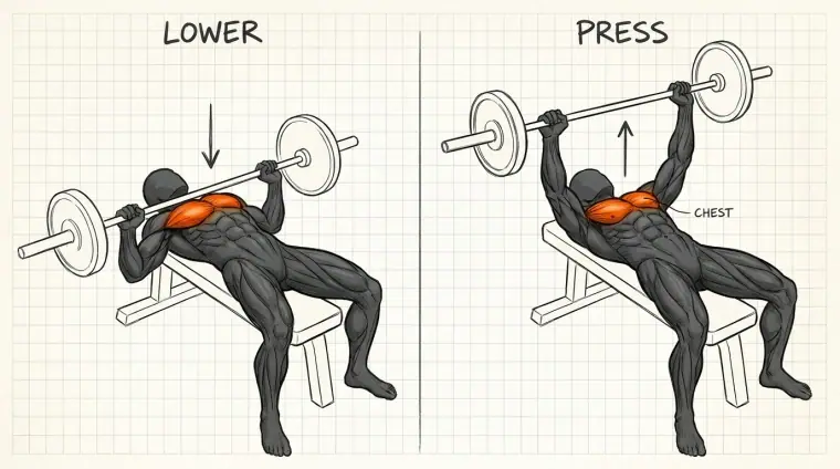 Barbell Bench Press — hand-drawn exercise illustration from Flawless