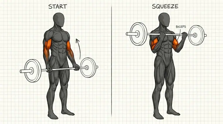Barbell Curl — hand-drawn exercise illustration from Flawless