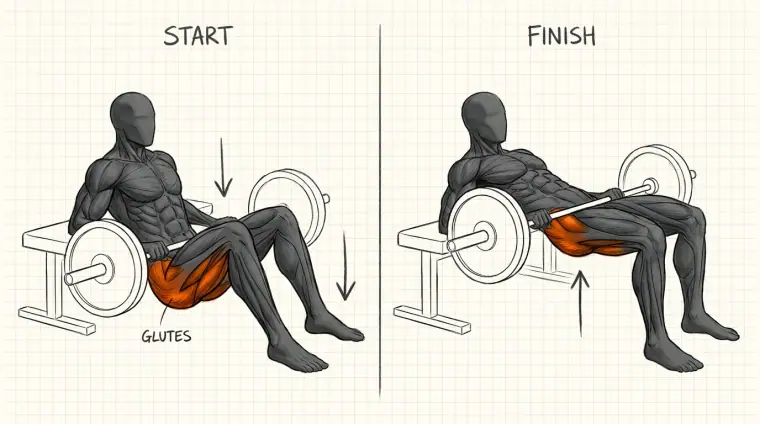 Barbell Hip Thrust — hand-drawn exercise illustration from Flawless
