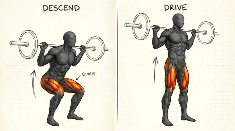 Barbell Squat — hand-drawn exercise illustration from Flawless