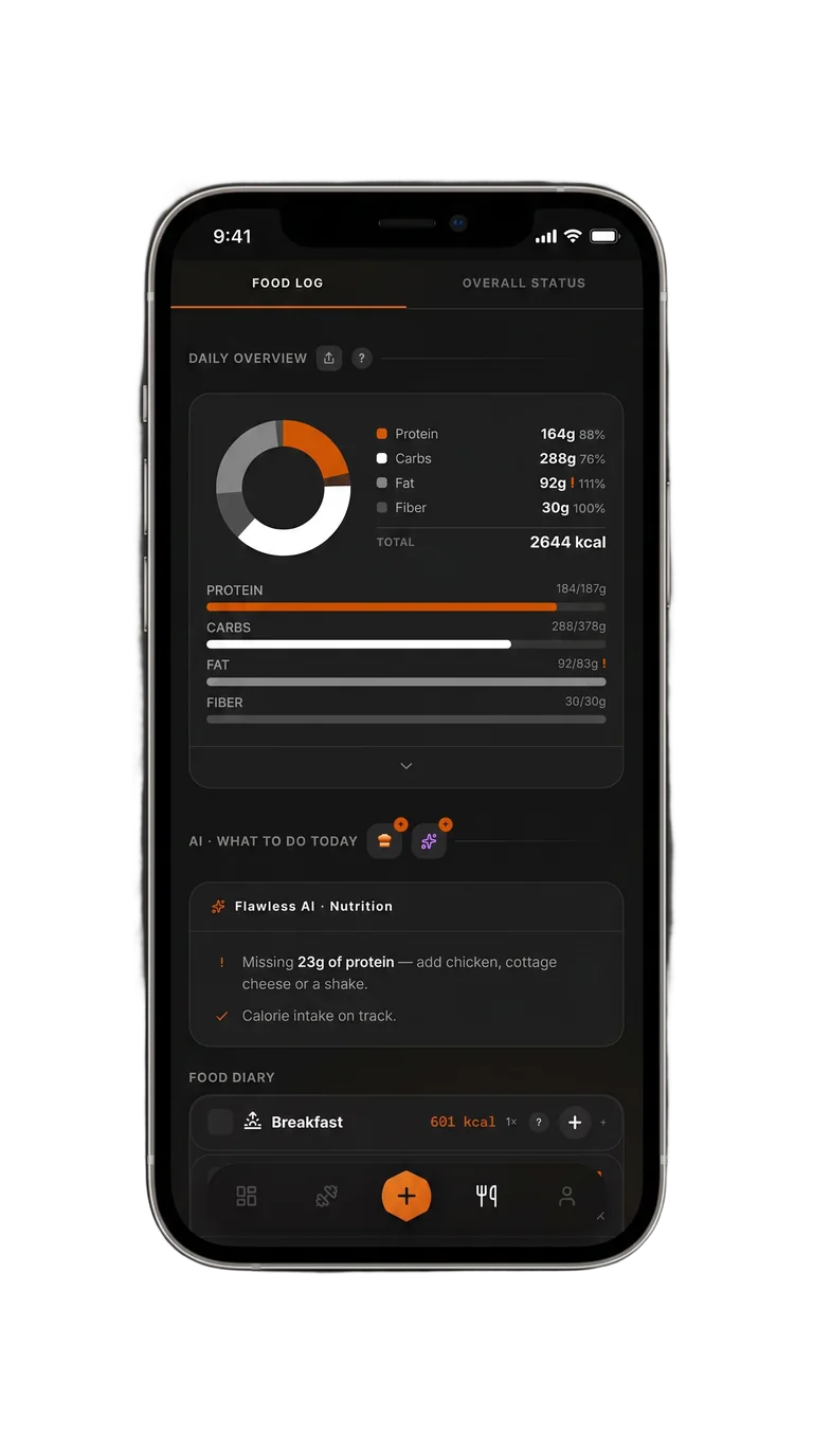 The Flawless food log — macro rings for protein, carbs, fat and fibre, an AI nutrition note and the day's diary