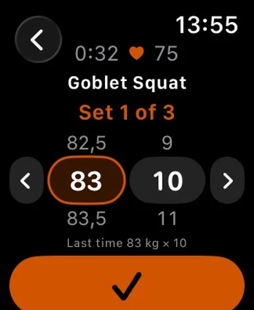 Flawless auf der Apple Watch: Goblet Squat, Satz 1 von 3, 83 kg × 10