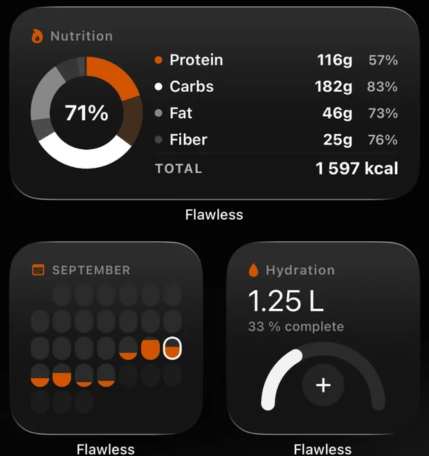 Flawless widgets on an iPhone home screen: Nutrition with macros, Hydration 1.25 L and the September streak calendar